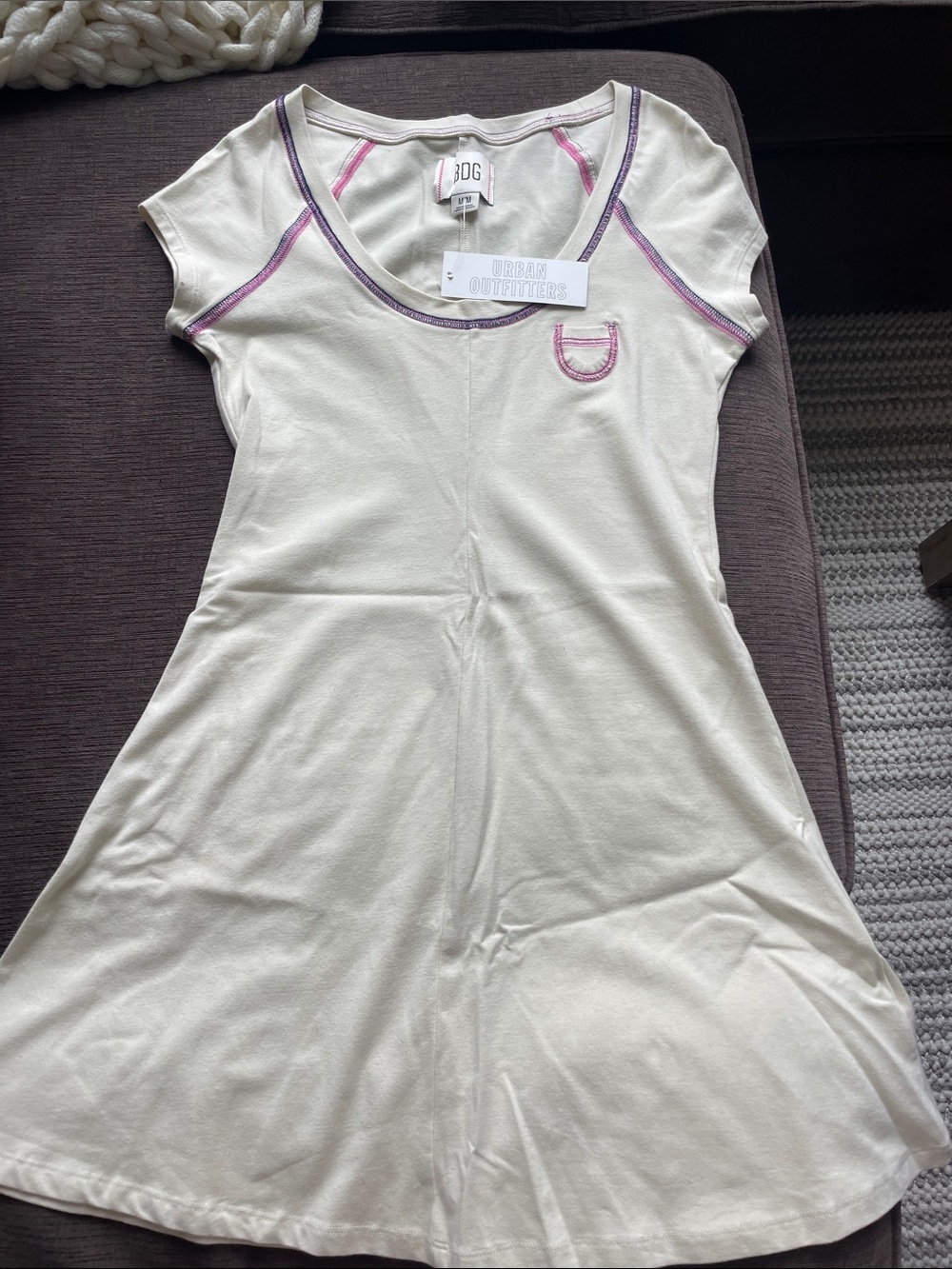 Urban Outfitters Cream T-shirt Mini Dress with Pink & Purple Trim